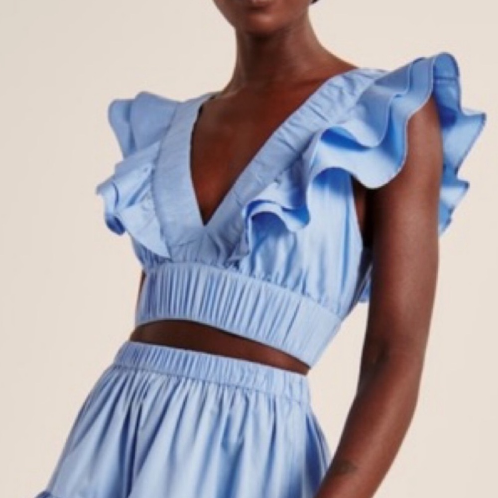 Japna Blue Ruffle Tie Back Crop Top Boho Cottagecore Cotton Medium Resortwear